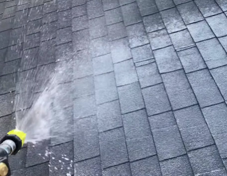 worker doing soft wash roof cleaning